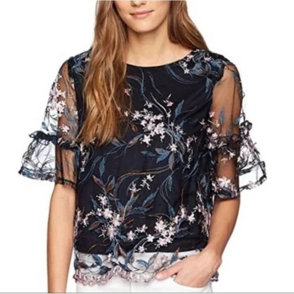 Nanette Lepore Floral Embroidery Embroidered Sheer Overlay Lined Blouse Navy Sm - Picture 1 of 10